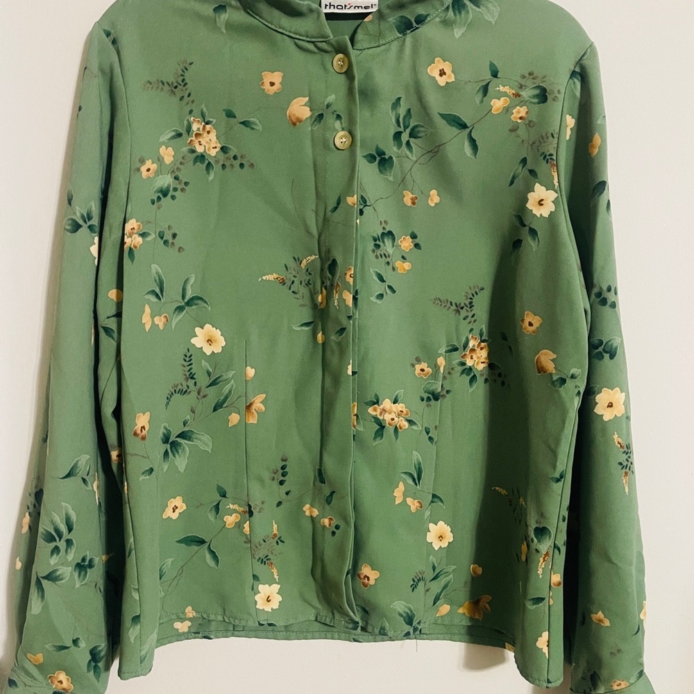 Vintage 90’s Sage Green Floral Button Up Blouse Top Large Boho Feminine Whimsy
